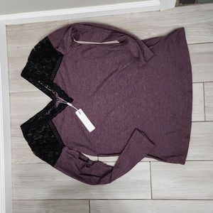 V Neck Long Sleeve Top with Lace Detail